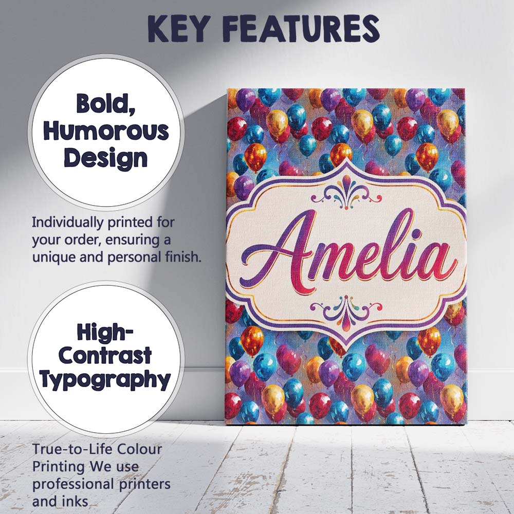 Personalised Name Colorful Party Balloons Custom  Unique Gift Idea Elegant Feature Canvas Wall Art Print Decor Picture Ready to Hang