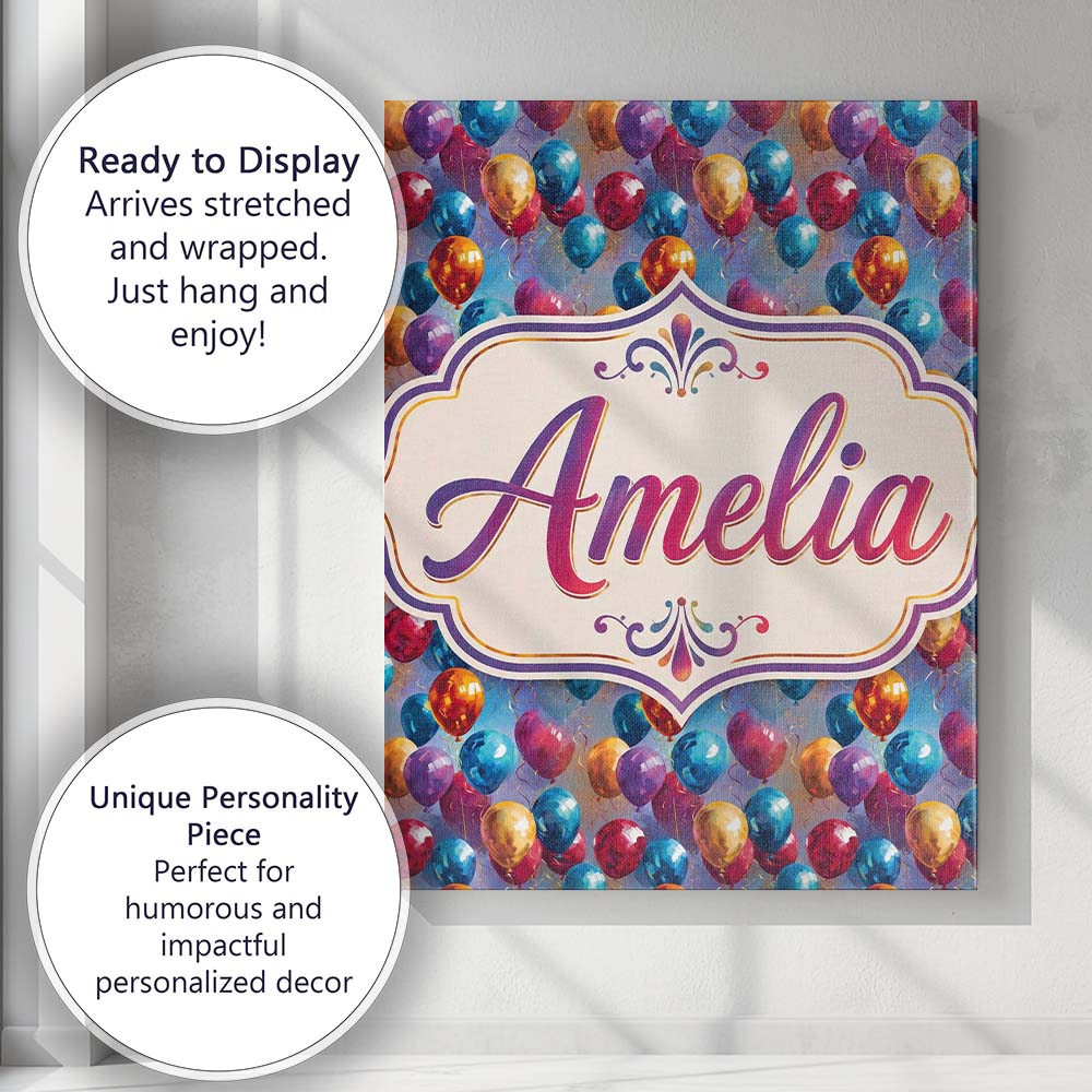 Personalised Name Colorful Party Balloons Custom  Unique Gift Idea Elegant Feature Canvas Wall Art Print Decor Picture Ready to Hang