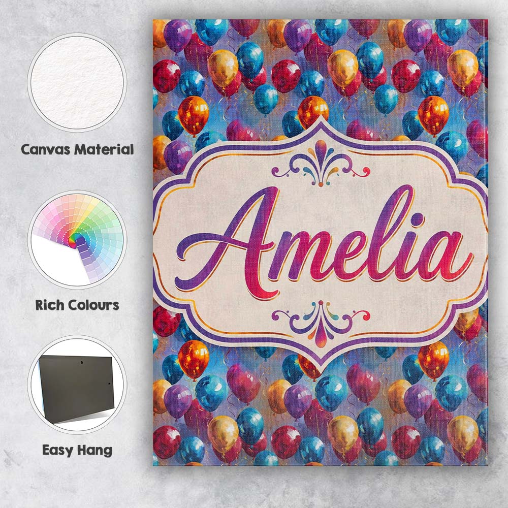 Personalised Name Colorful Party Balloons Custom  Unique Gift Idea Elegant Feature Canvas Wall Art Print Decor Picture Ready to Hang