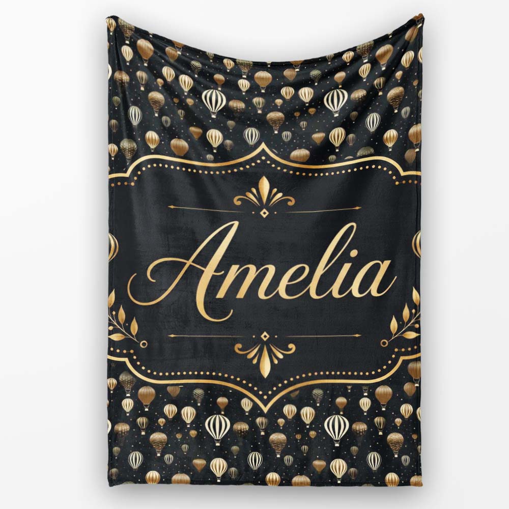 Luxury Gold Hot Air Balloons Night Sky Seamless Pattern Name Cute  Personalised Custom Name Super Soft Fleece Blanket Bed Sofa Throw