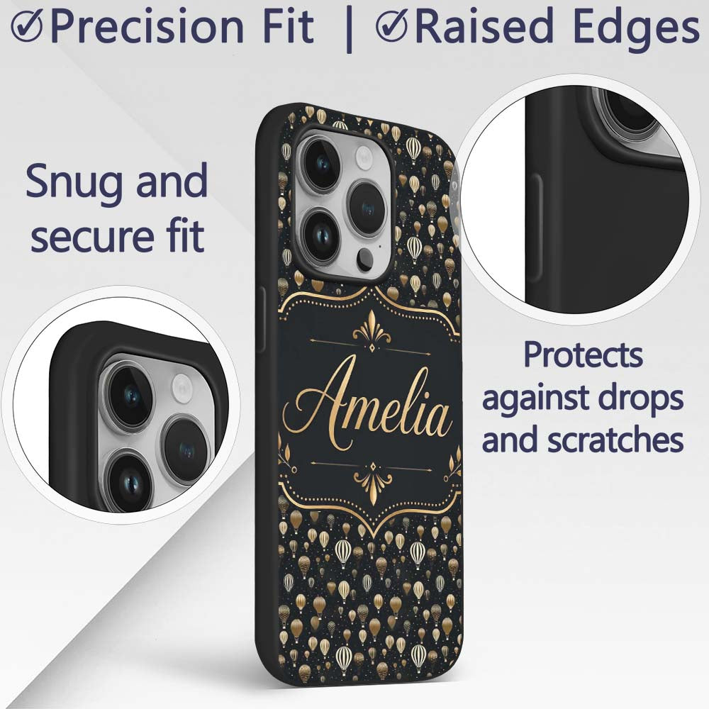 Luxury Gold Hot Air Balloons Night Sky Seamless Custom Name Protective Phone Case Mobile Cover Durable Everyday Smartphone Shock Resistant
