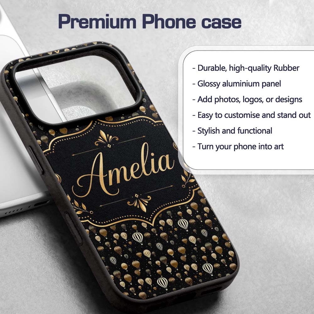 Luxury Gold Hot Air Balloons Night Sky Seamless Custom Name Protective Phone Case Mobile Cover Durable Everyday Smartphone Shock Resistant