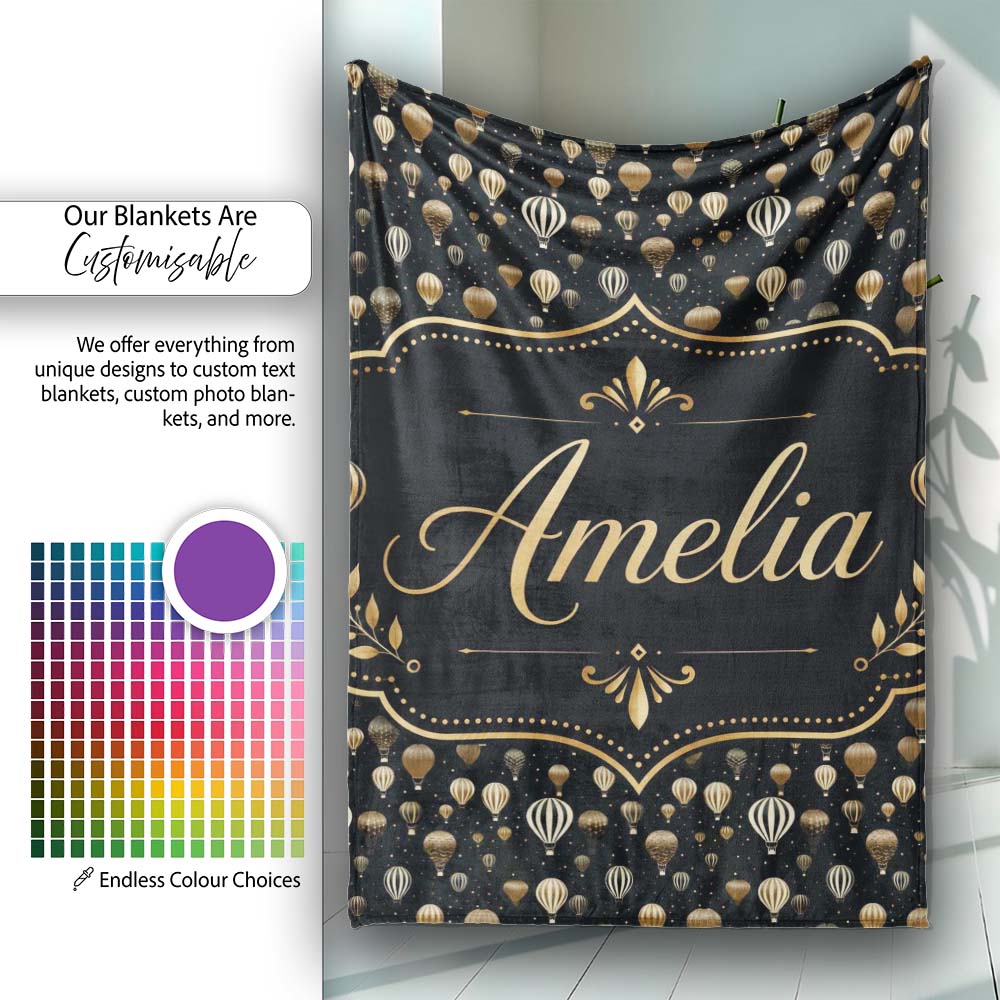 Luxury Gold Hot Air Balloons Night Sky Seamless Pattern Name Cute  Personalised Custom Name Super Soft Fleece Blanket Bed Sofa Throw