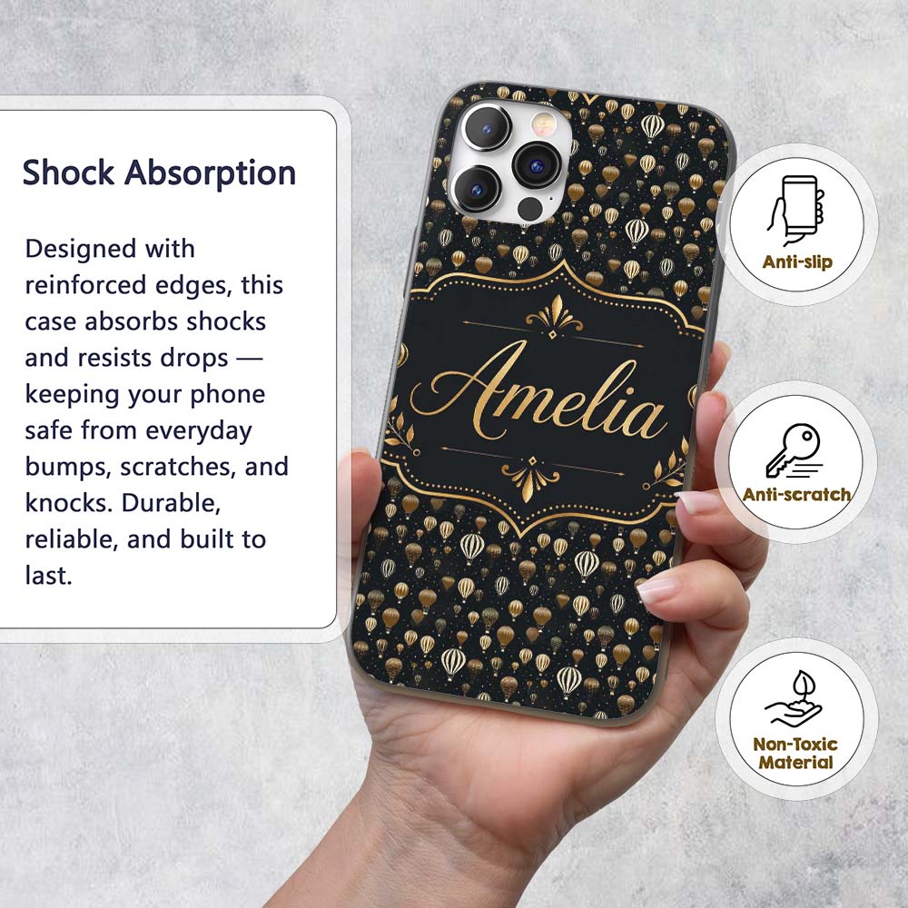 Luxury Gold Hot Air Balloons Night Sky Seamless Custom Name Protective Phone Case Mobile Cover Durable Everyday Smartphone Shock Resistant