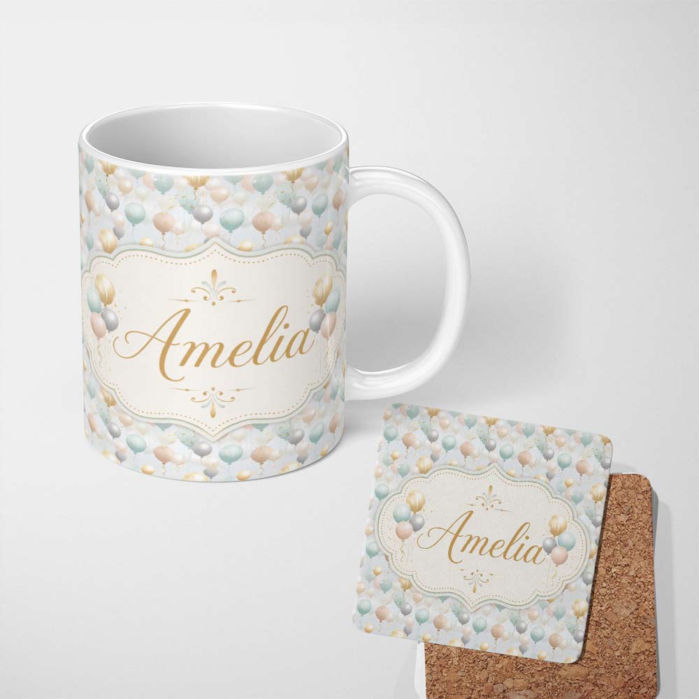Personalized Custom Name Elegant Pastel Balloon Party Seamless Pattern Neutral Celebration 11oz Ceramic Coffee Tea Mug White Large Handle