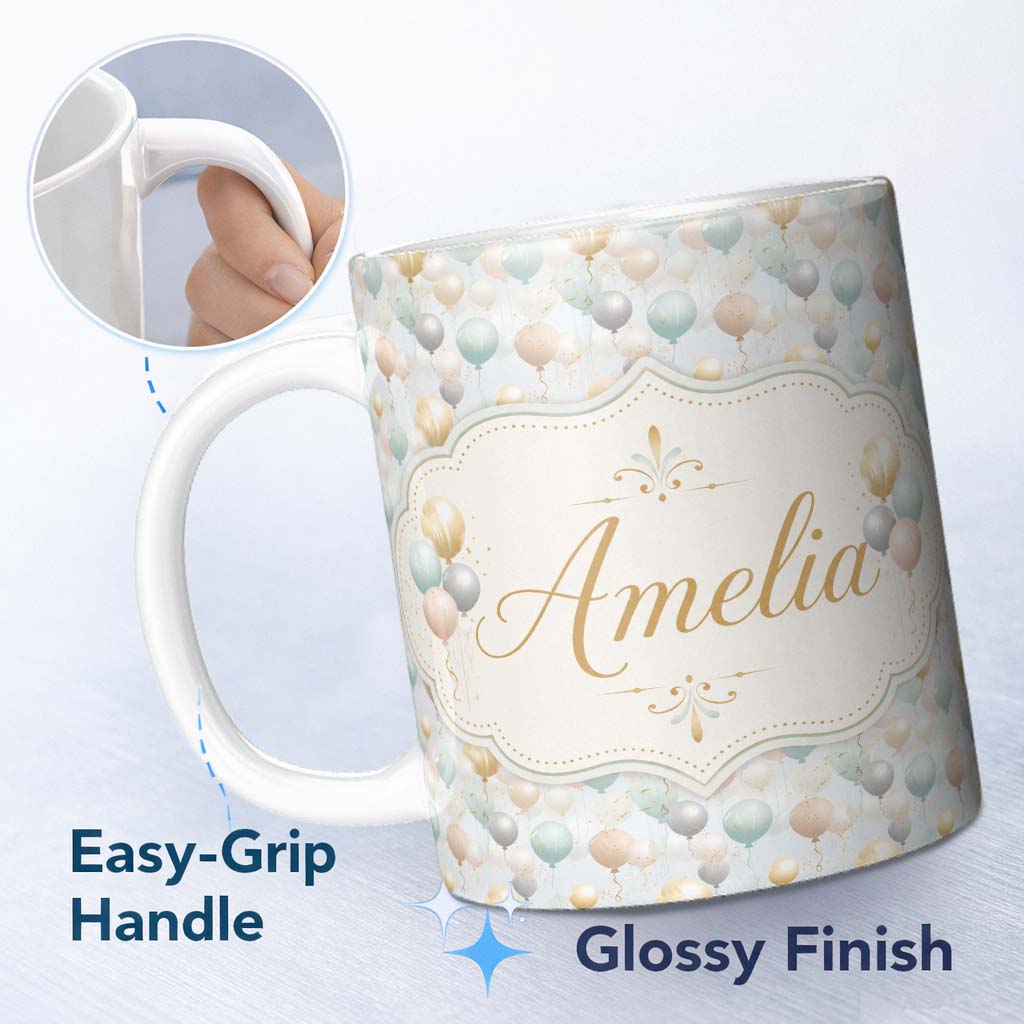Personalized Custom Name Elegant Pastel Balloon Party Seamless Pattern Neutral Celebration 11oz Ceramic Coffee Tea Mug White Large Handle