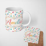 Personalized Custom Name Watercolor Colorful Floating Balloons Seamless Pattern Light 11oz Ceramic Coffee Tea Mug White Large Handle