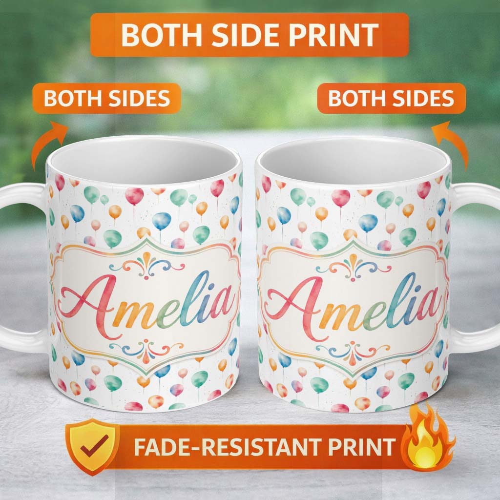 Personalized Custom Name Watercolor Colorful Floating Balloons Seamless Pattern Light 11oz Ceramic Coffee Tea Mug White Large Handle