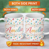 Personalized Custom Name Watercolor Colorful Floating Balloons Seamless Pattern Light 11oz Ceramic Coffee Tea Mug White Large Handle