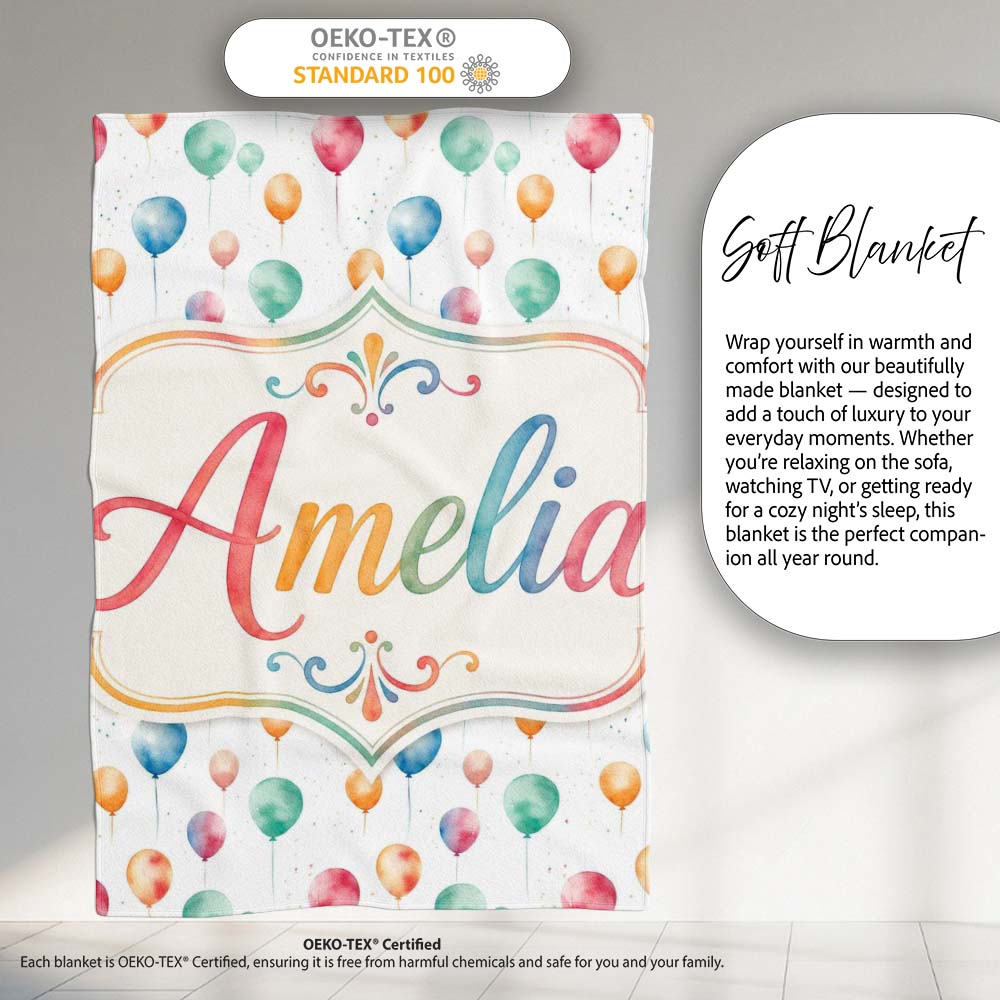 Watercolor Colorful Floating Balloons Seamless Pattern Light  Personalised Custom Name Super Soft Fleece Blanket Bed Sofa Throw