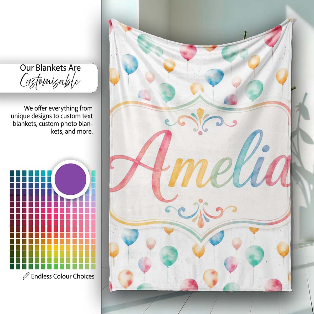 Watercolor Colorful Floating Balloons Seamless Pattern Light  Personalised Custom Name Super Soft Fleece Blanket Bed Sofa Throw
