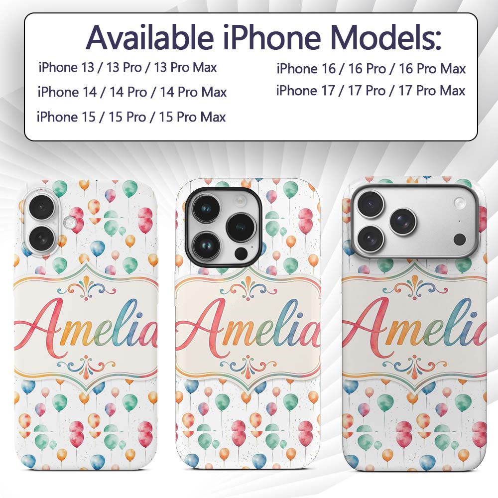 Watercolor Colorful Floating Balloons Seamless Custom Name Protective Phone Case Mobile Cover Durable Everyday Smartphone Shock Resistant