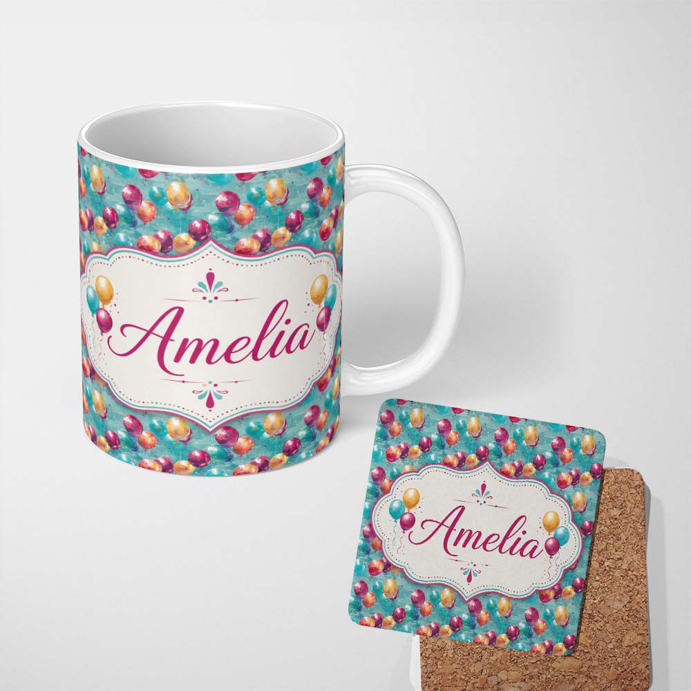 Personalized Custom Name Vibrant Painted Balloon Cluster Seamless Pattern Festive Background 11oz Ceramic Coffee Tea Mug White Large Handle