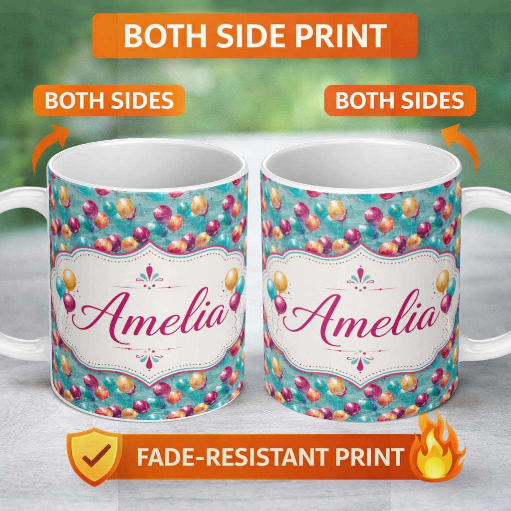 Personalized Custom Name Vibrant Painted Balloon Cluster Seamless Pattern Festive Background 11oz Ceramic Coffee Tea Mug White Large Handle