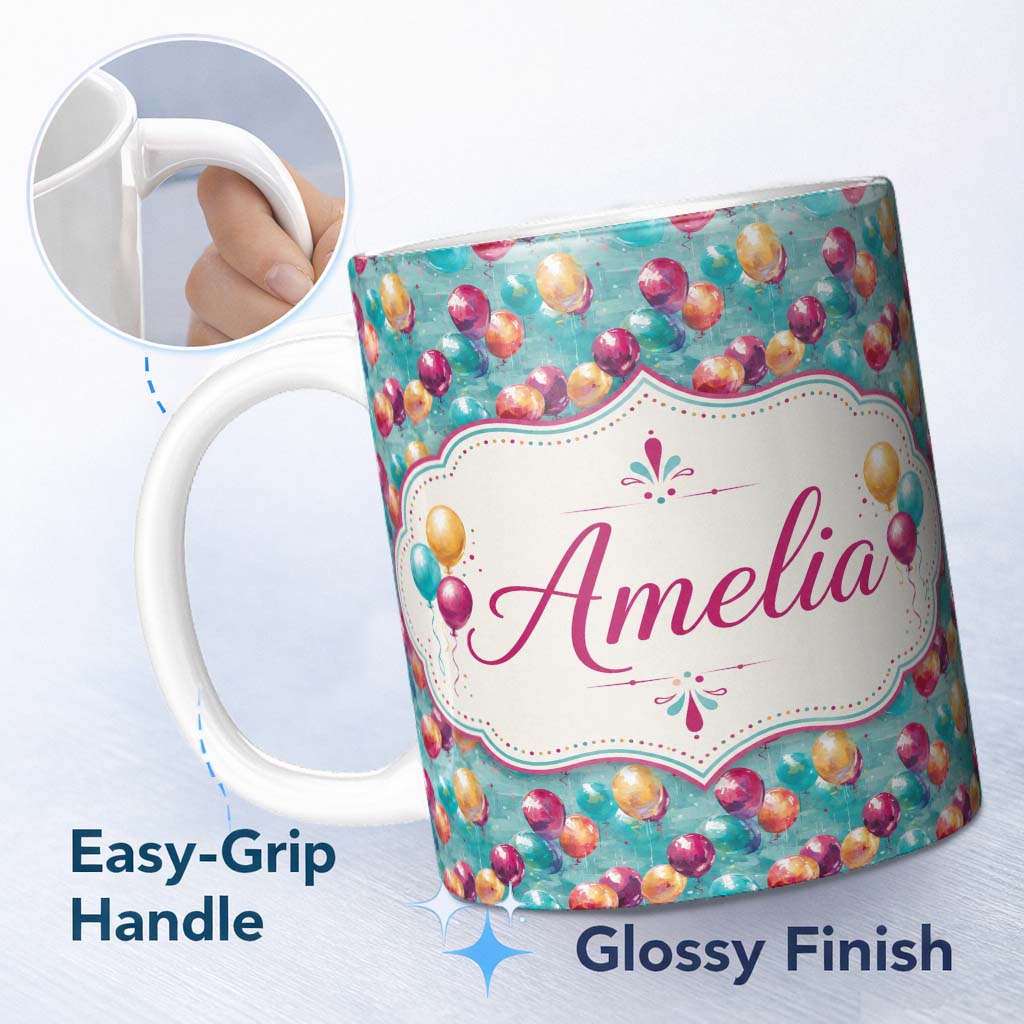 Personalized Custom Name Vibrant Painted Balloon Cluster Seamless Pattern Festive Background 11oz Ceramic Coffee Tea Mug White Large Handle