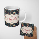 Personalized Custom Name Dark Night Sky Balloon Celebration Seamless Pattern Elegant Party 11oz Ceramic Coffee Tea Mug White Large Handle