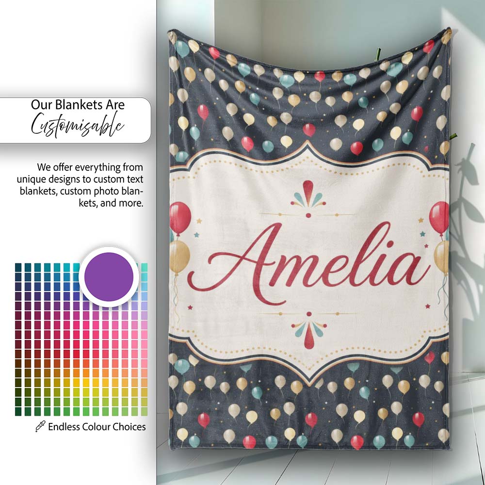 Dark Night Sky Balloon Celebration Seamless Pattern Elegant Party  Personalised Custom Name Super Soft Fleece Blanket Bed Sofa Throw