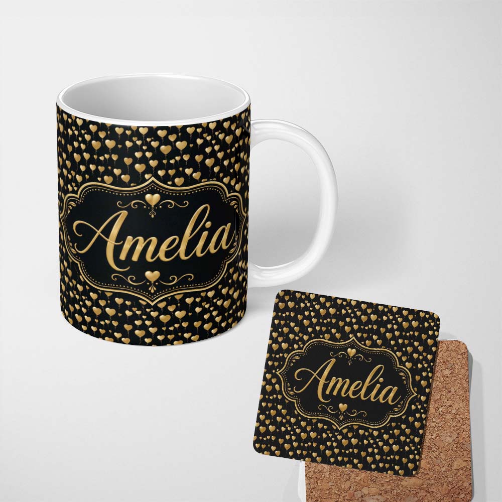 Personalized Custom Name Golden Heart Balloon Luxury Seamless Pattern Celebration Background 11oz Ceramic Coffee Tea Mug White Large Handle