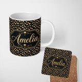Personalized Custom Name Golden Heart Balloon Luxury Seamless Pattern Celebration Background 11oz Ceramic Coffee Tea Mug White Large Handle