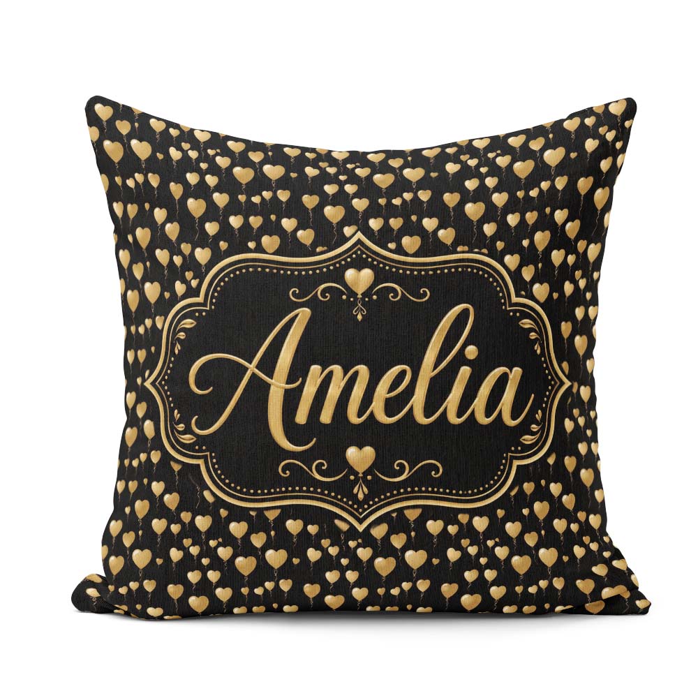 Custom Name Golden Heart Balloon Seamless Celebration Background Square Filled Cushion Throw Pillow Sofa Bed Home Decor Zip Washable UK Made