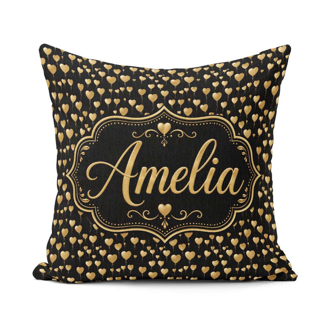 Custom Name Golden Heart Balloon Seamless Celebration Background Square Filled Cushion Throw Pillow Sofa Bed Home Decor Zip Washable UK Made