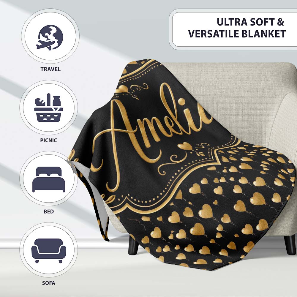 Golden Heart Balloon Luxury Seamless Pattern Celebration Background  Personalised Custom Name Super Soft Fleece Blanket Bed Sofa Throw