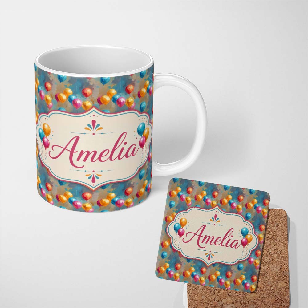 Personalized Custom Name Abstract Painted Balloon Party Seamless Pattern Celebration 11oz Ceramic Coffee Tea Mug White Large Handle