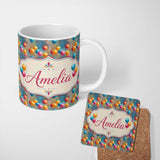 Personalized Custom Name Abstract Painted Balloon Party Seamless Pattern Celebration 11oz Ceramic Coffee Tea Mug White Large Handle