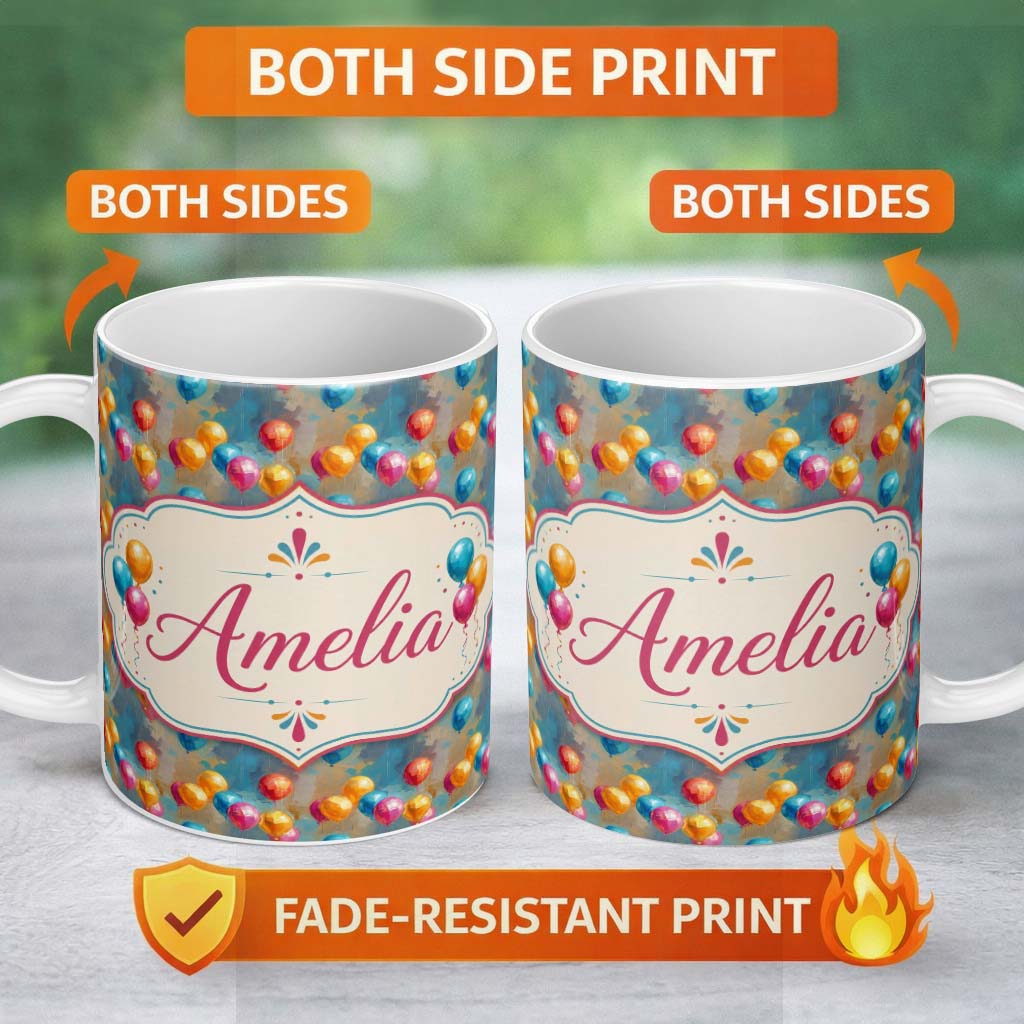 Personalized Custom Name Abstract Painted Balloon Party Seamless Pattern Celebration 11oz Ceramic Coffee Tea Mug White Large Handle