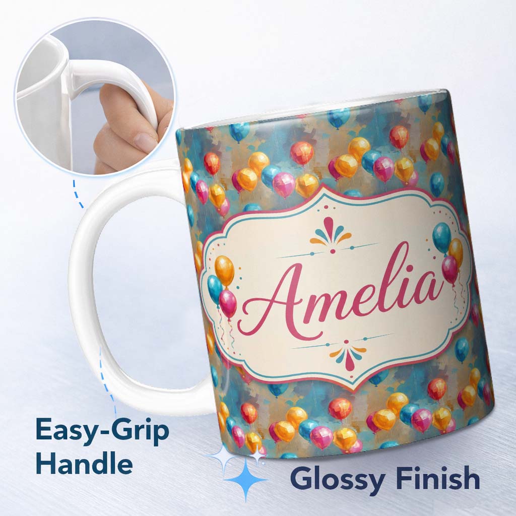 Personalized Custom Name Abstract Painted Balloon Party Seamless Pattern Celebration 11oz Ceramic Coffee Tea Mug White Large Handle