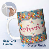 Personalized Custom Name Abstract Painted Balloon Party Seamless Pattern Celebration 11oz Ceramic Coffee Tea Mug White Large Handle