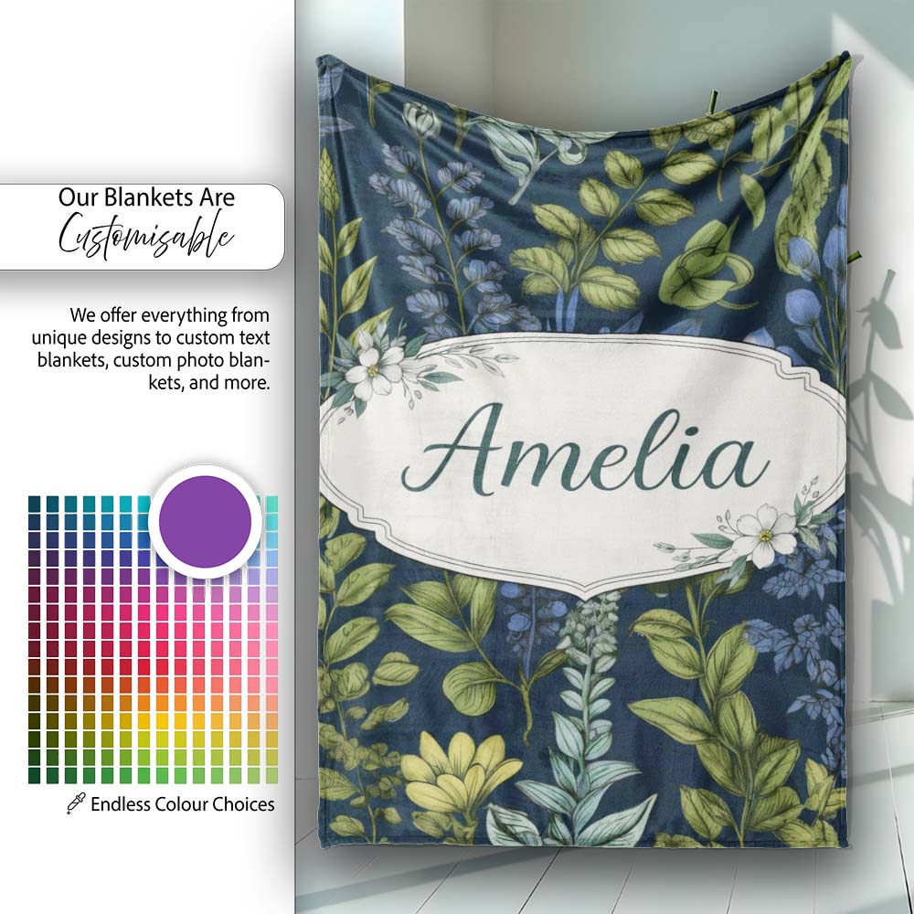 Elegant Botanical Leaves Blue Green Floral Seamless Pattern Lovely  Personalised Custom Name Super Soft Fleece Blanket Bed Sofa Throw