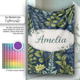 Elegant Botanical Leaves Blue Green Floral Seamless Pattern Lovely  Personalised Custom Name Super Soft Fleece Blanket Bed Sofa Throw