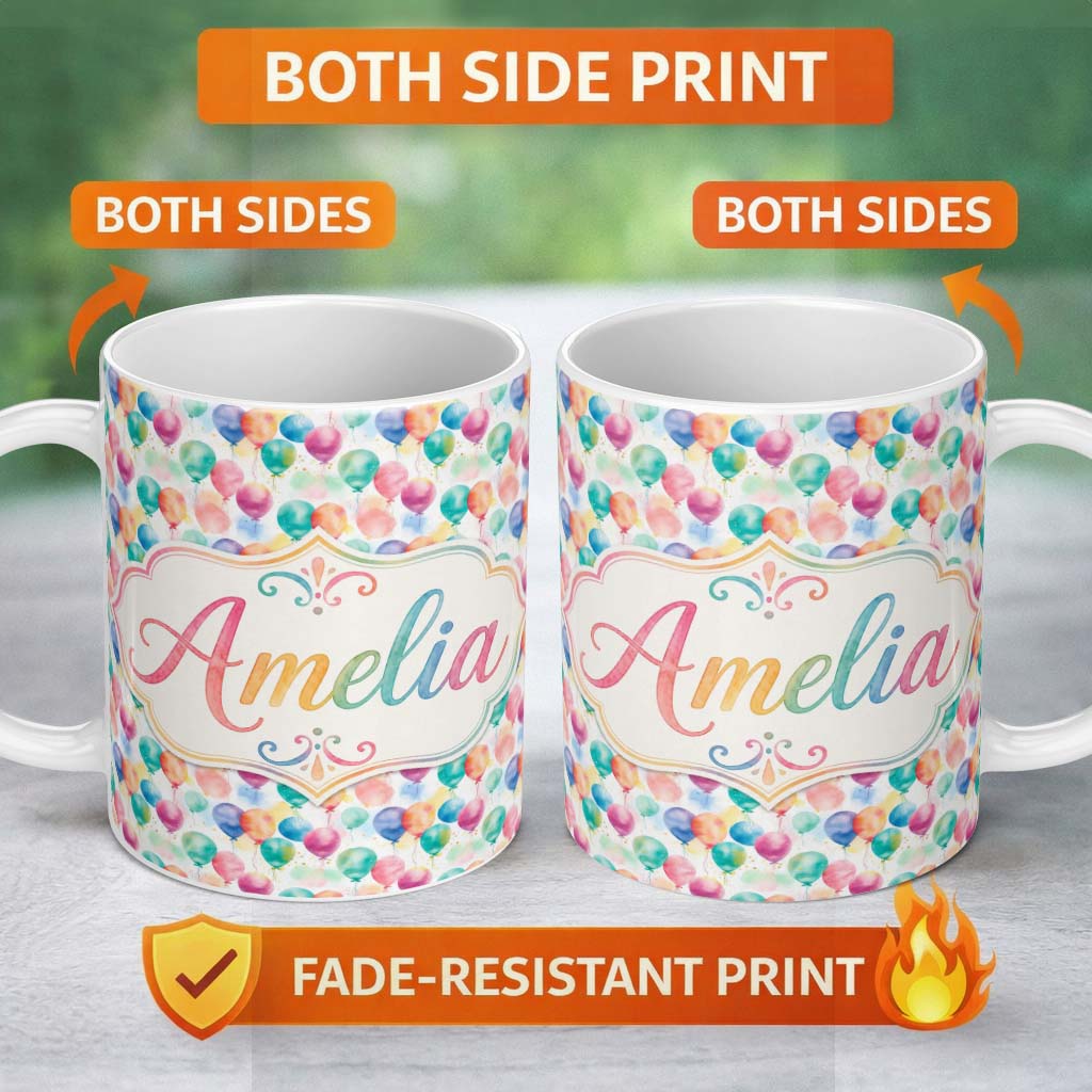 Personalized Custom Name Soft Pastel Balloon Dreamy Seamless Pattern Light Festive 11oz Ceramic Coffee Tea Mug White Large Handle