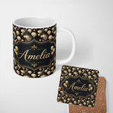 Personalized Custom Name Gold Balloon Glamorous Seamless Pattern Elegant Celebration 11oz Ceramic Coffee Tea Mug White Large Handle