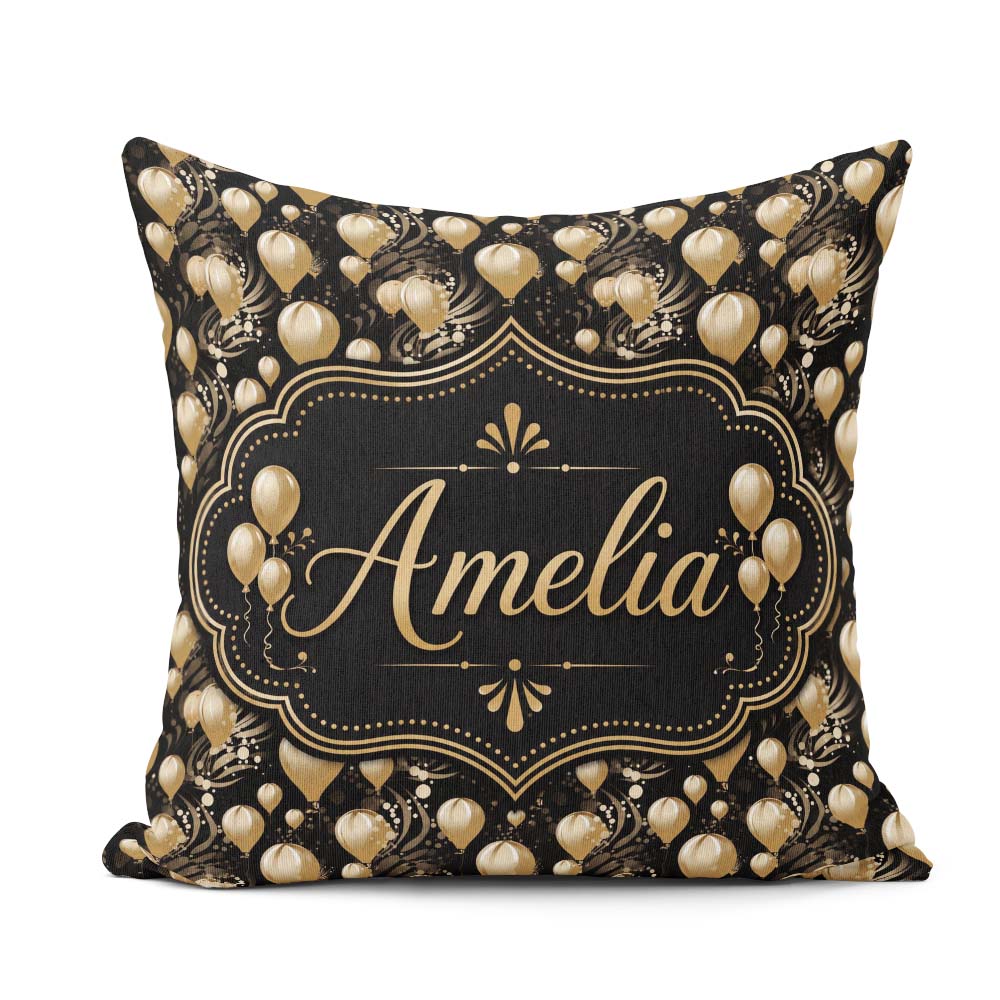 Custom Name Gold Balloon Glamorous Seamless Pattern Celebration Square Filled Cushion Throw Pillow Sofa Bed Home Decor Zip Washable UK Made