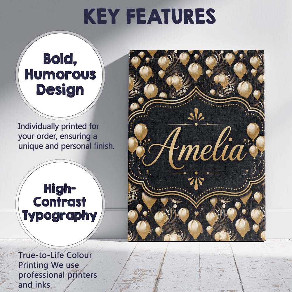 Personalised Name Gold Balloon Glamorous Custom  Unique Gift Idea Elegant Feature Canvas Wall Art Print Decor Picture Ready to Hang