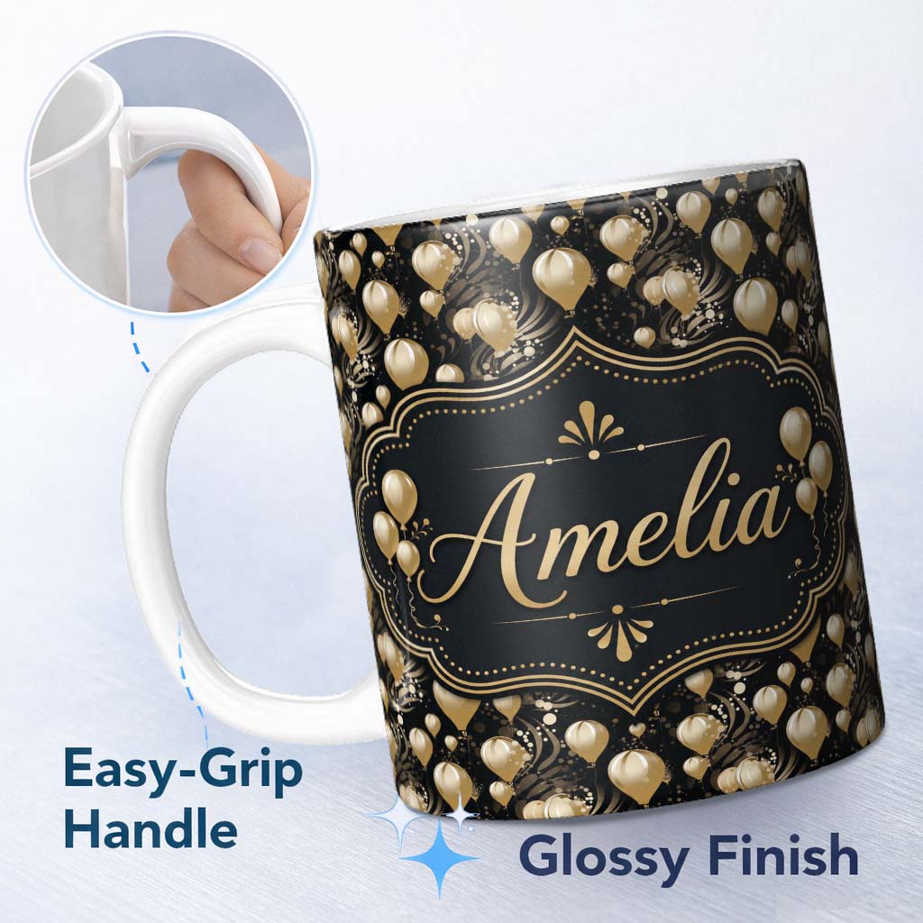 Personalized Custom Name Gold Balloon Glamorous Seamless Pattern Elegant Celebration 11oz Ceramic Coffee Tea Mug White Large Handle