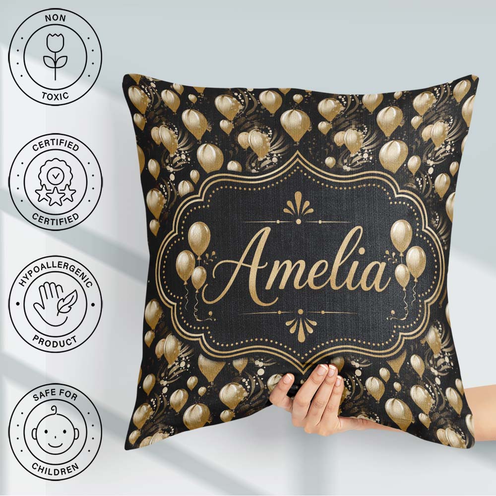 Custom Name Gold Balloon Glamorous Seamless Pattern Celebration Square Filled Cushion Throw Pillow Sofa Bed Home Decor Zip Washable UK Made