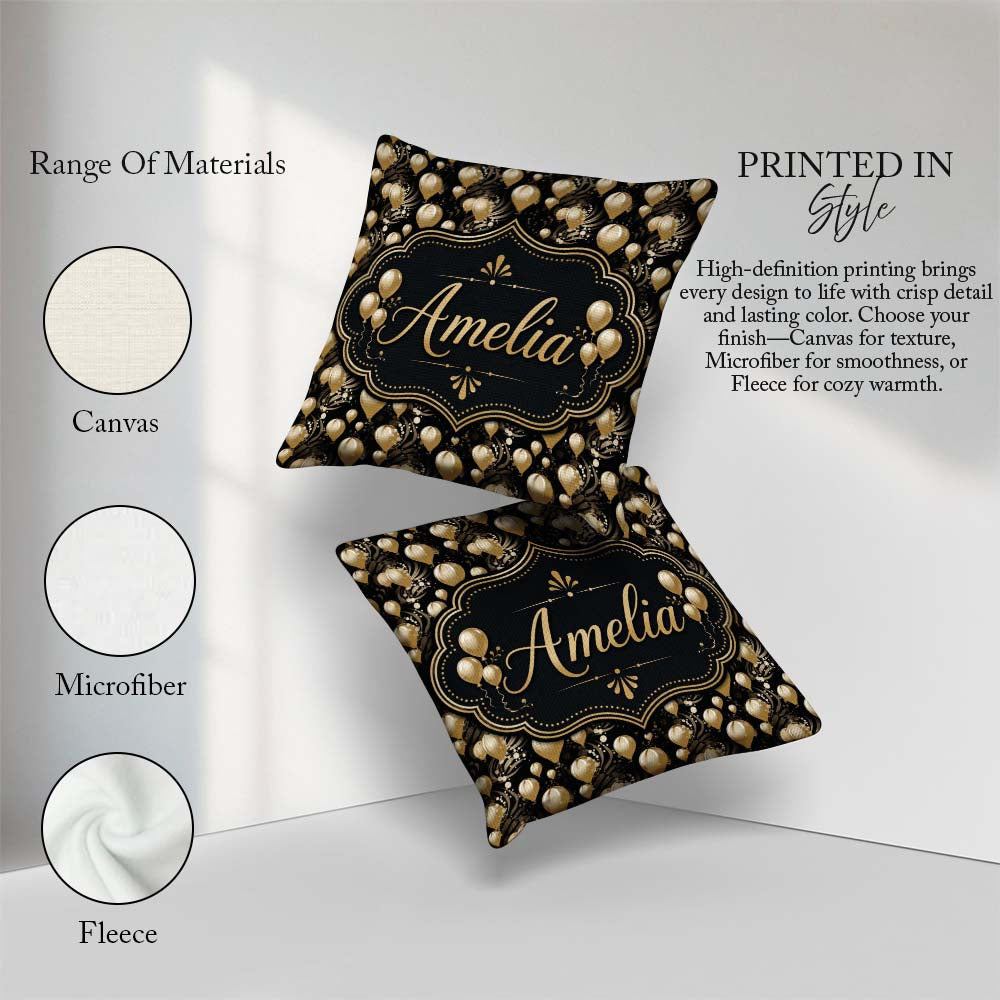 Custom Name Gold Balloon Glamorous Seamless Pattern Celebration Square Filled Cushion Throw Pillow Sofa Bed Home Decor Zip Washable UK Made