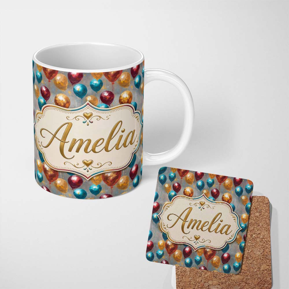Personalized Custom Name Metallic Balloon Celebration Seamless Pattern Bold Festive 11oz Ceramic Coffee Tea Mug White Large Handle