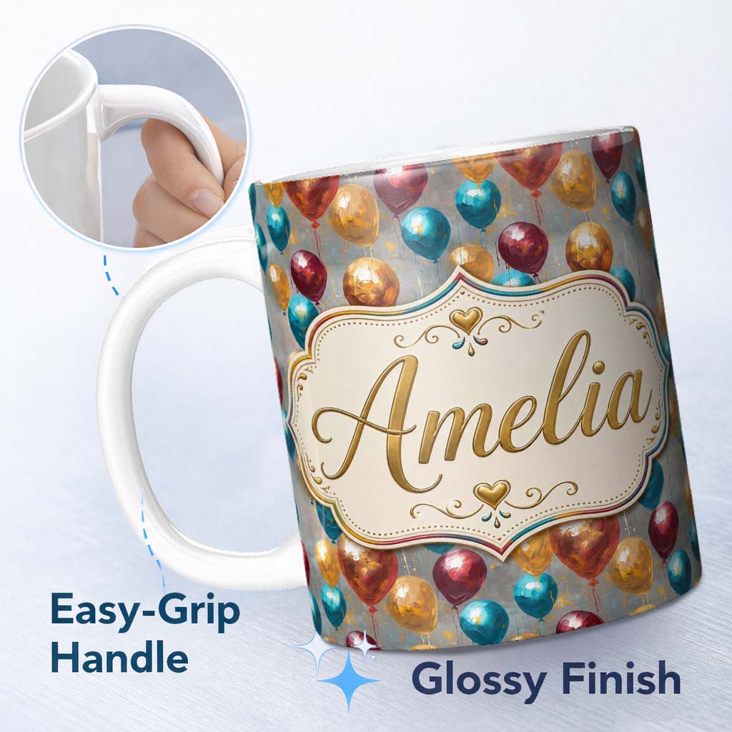 Personalized Custom Name Metallic Balloon Celebration Seamless Pattern Bold Festive 11oz Ceramic Coffee Tea Mug White Large Handle