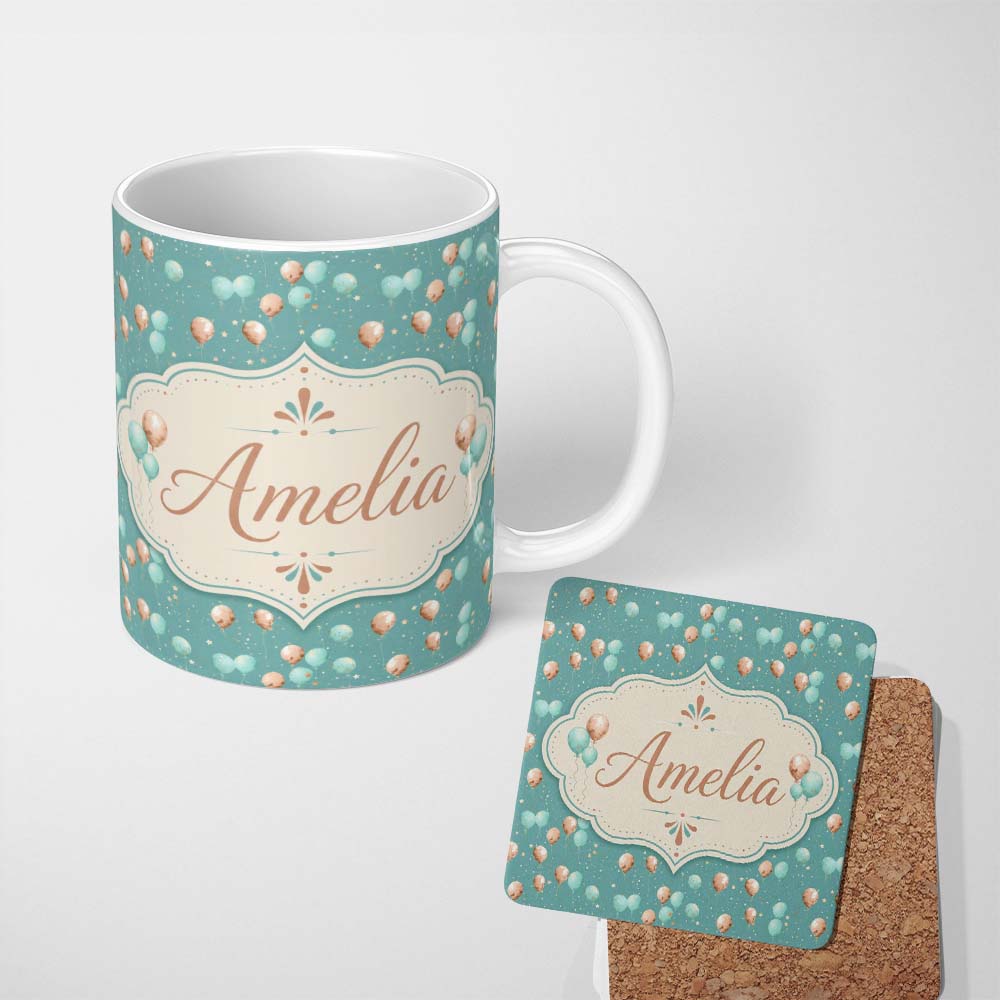 Personalized Custom Name Teal Gold Balloon Starry Seamless Pattern Elegant Party Celebration 11oz Ceramic Coffee Tea Mug White Large Handle