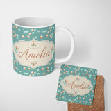 Personalized Custom Name Teal Gold Balloon Starry Seamless Pattern Elegant Party Celebration 11oz Ceramic Coffee Tea Mug White Large Handle