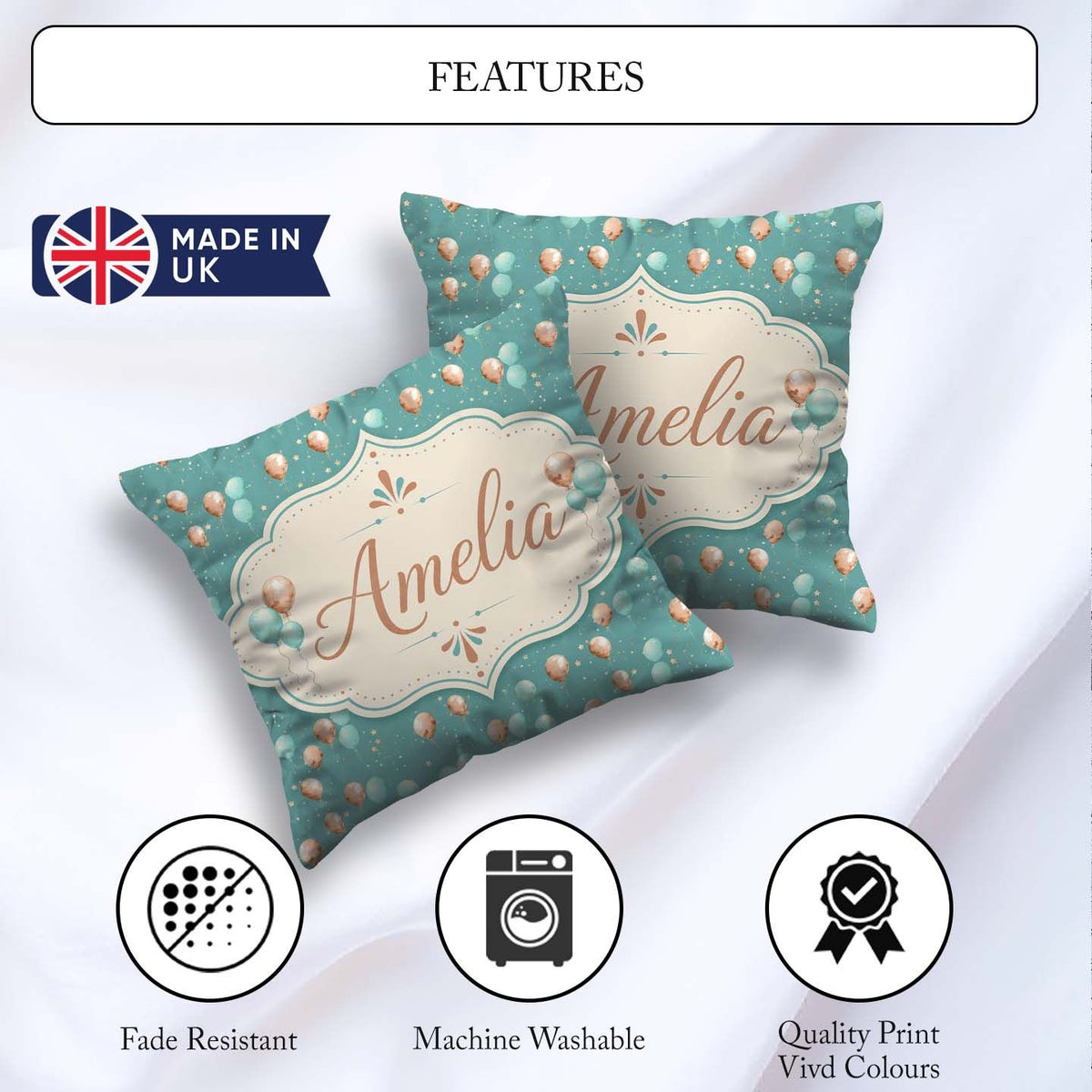 Custom Name Teal Gold Balloon Starry Pattern Elegant Celebration Square Filled Cushion Throw Pillow Sofa Bed Home Decor Zip Washable UK Made