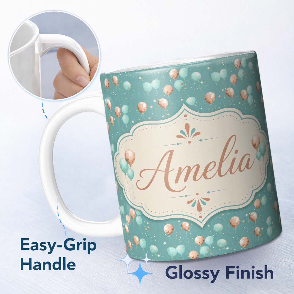Personalized Custom Name Teal Gold Balloon Starry Seamless Pattern Elegant Party Celebration 11oz Ceramic Coffee Tea Mug White Large Handle
