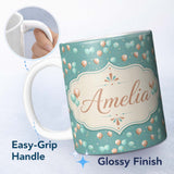 Personalized Custom Name Teal Gold Balloon Starry Seamless Pattern Elegant Party Celebration 11oz Ceramic Coffee Tea Mug White Large Handle