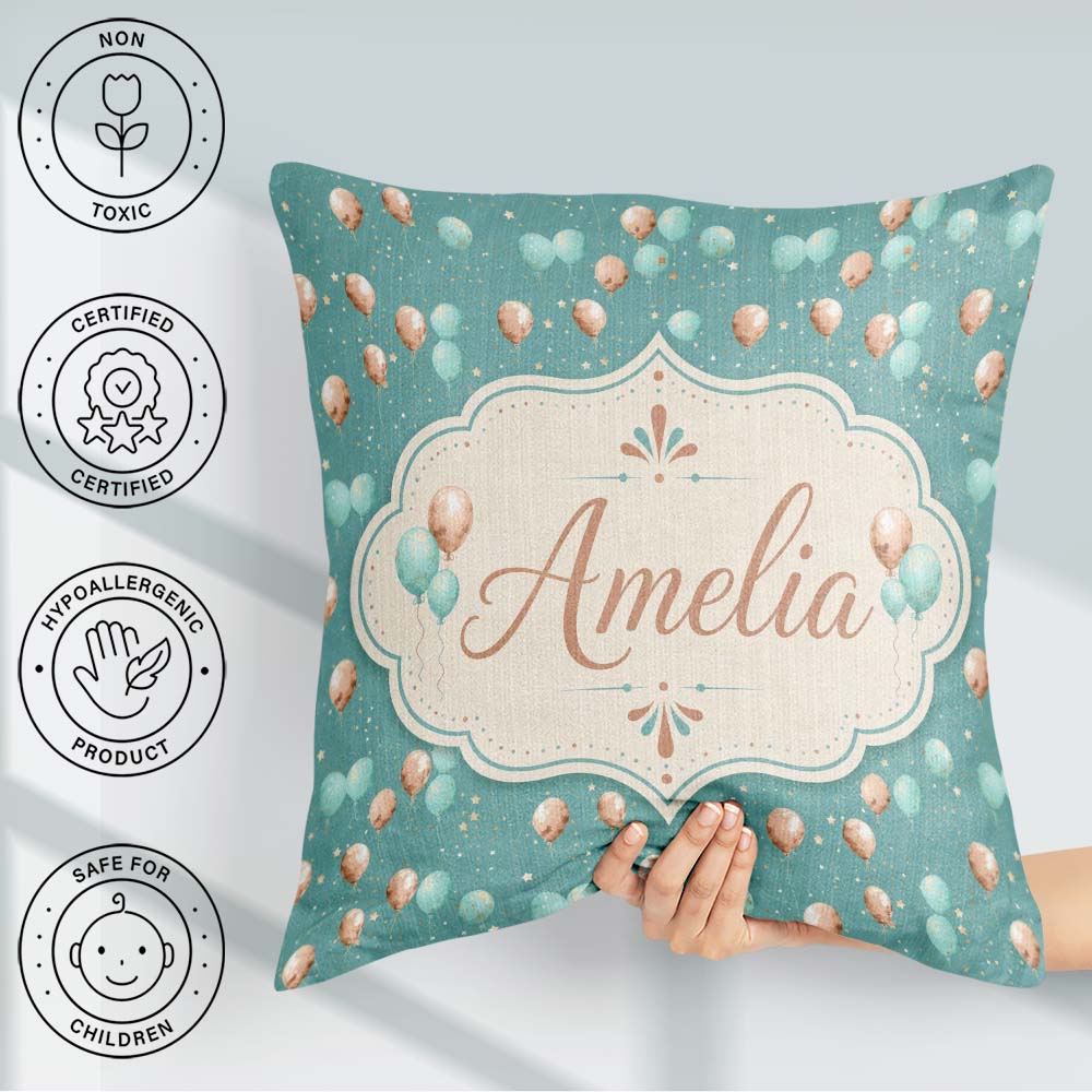 Custom Name Teal Gold Balloon Starry Pattern Elegant Celebration Square Filled Cushion Throw Pillow Sofa Bed Home Decor Zip Washable UK Made