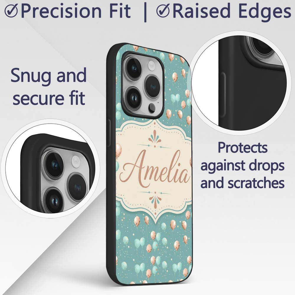 Teal Gold Balloon Starry Seamless Pattern Elegant Custom Name Protective Phone Case Mobile Cover Durable Everyday Smartphone Shock Resistant