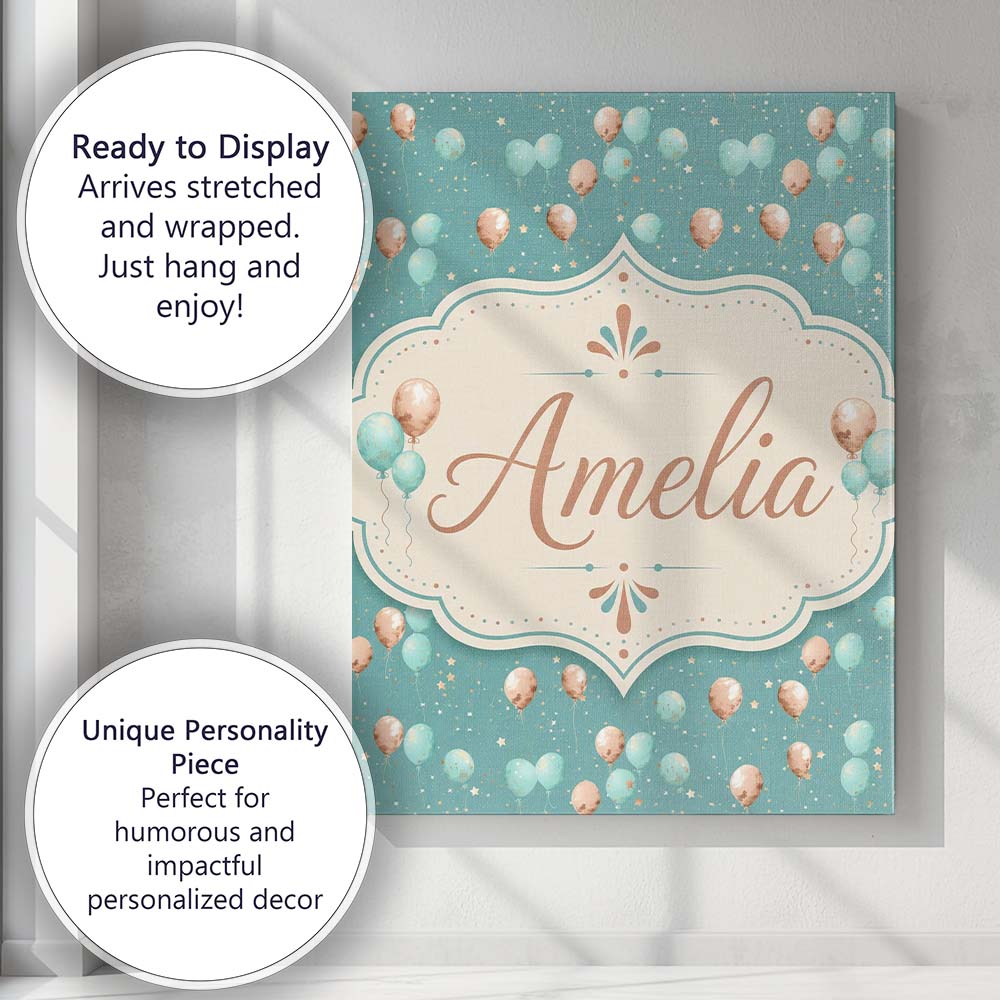 Personalised Name Teal Gold Balloon Starry Custom  Unique Gift Idea Elegant Feature Canvas Wall Art Print Decor Picture Ready to Hang